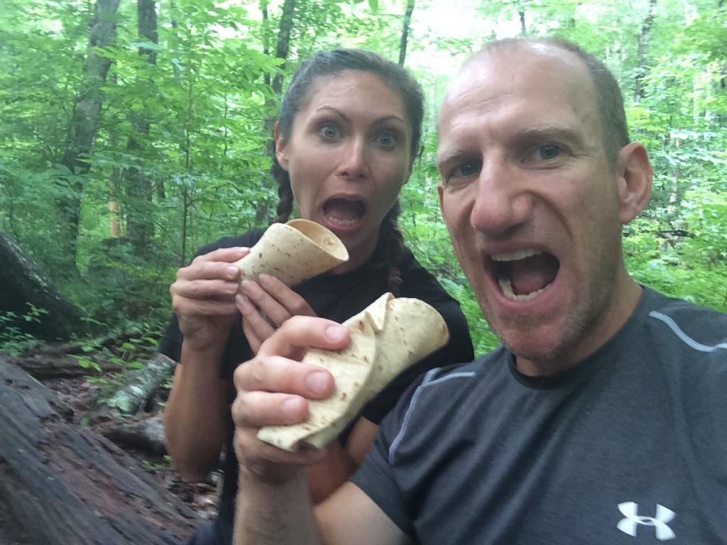Gourmet egg burritos for breakfast. One of our backpacking traditions and favorites! 